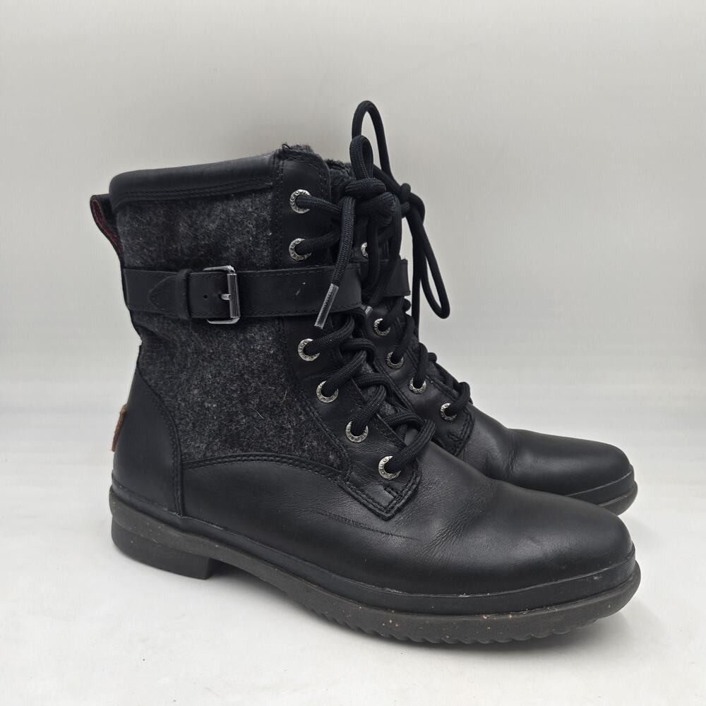 UGG Kesey Boots Womens Black Leather Sz 7 Lace Up Zip Waterproof Bootie 1005264